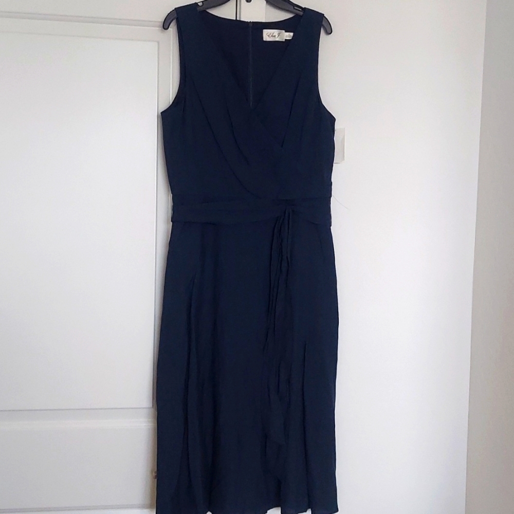 Eliza J Fit & Flare Sleeveless Midi Dress Linen Blend V-Neck Navy